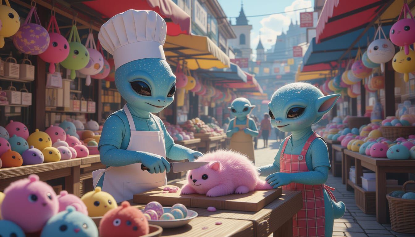 Vibrant Alien Market Scene in 3D Game Art Style