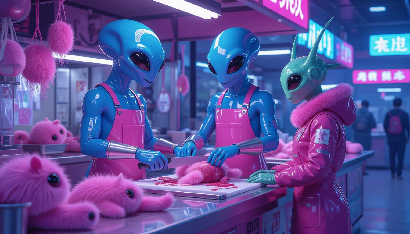 Alien Butcher Shop in Pastel Marketplace, 3D Render