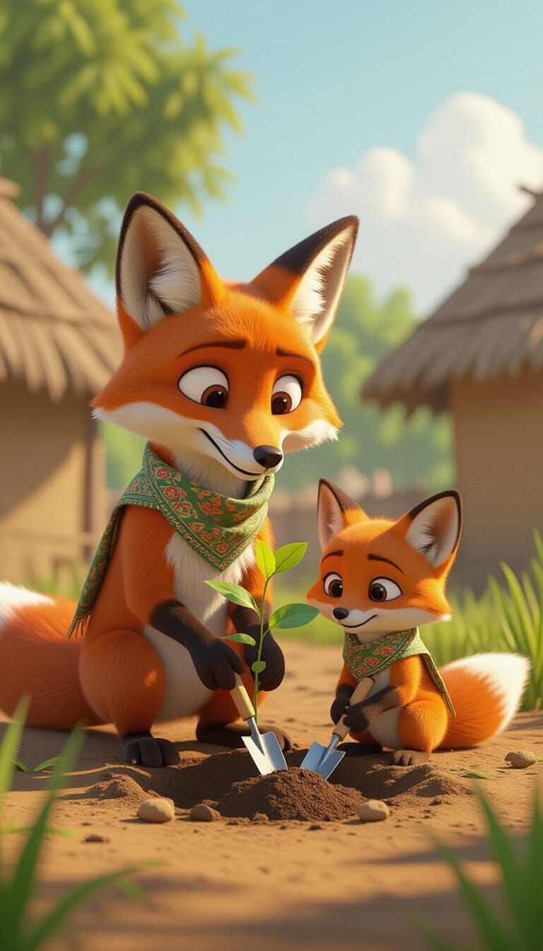 Fox Family Plants Mango Tree in 3D Cartoon Style