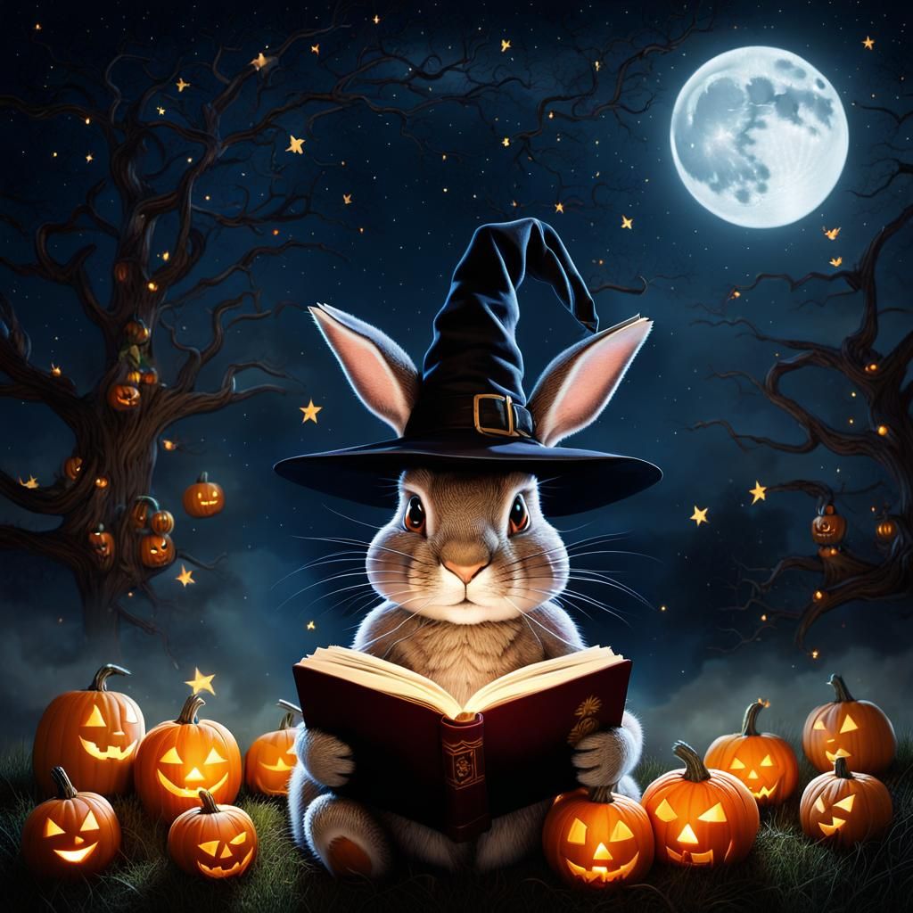 Rabbit Witch Reads Book on Halloween Night