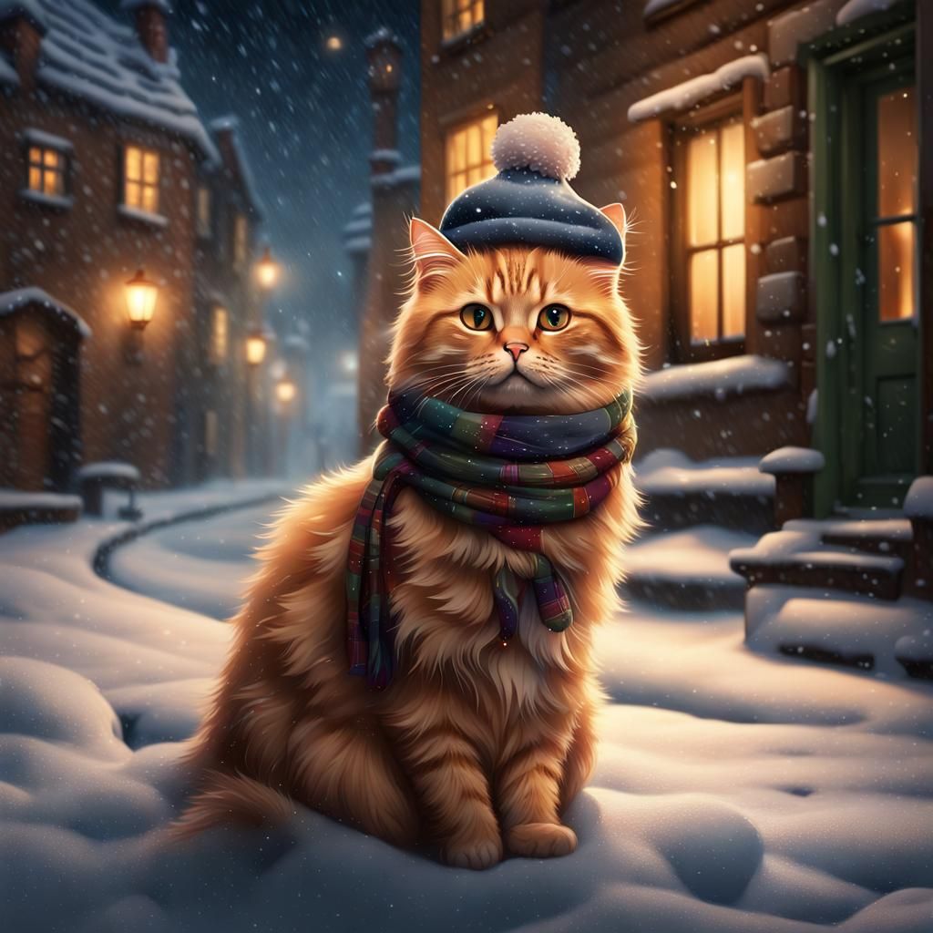 Festive Ginger Cat in Winter Village Scene