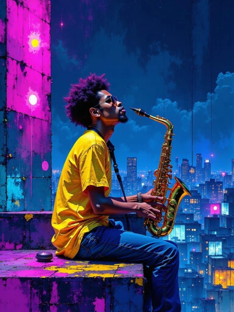 Jazz Musician in Neon City Night