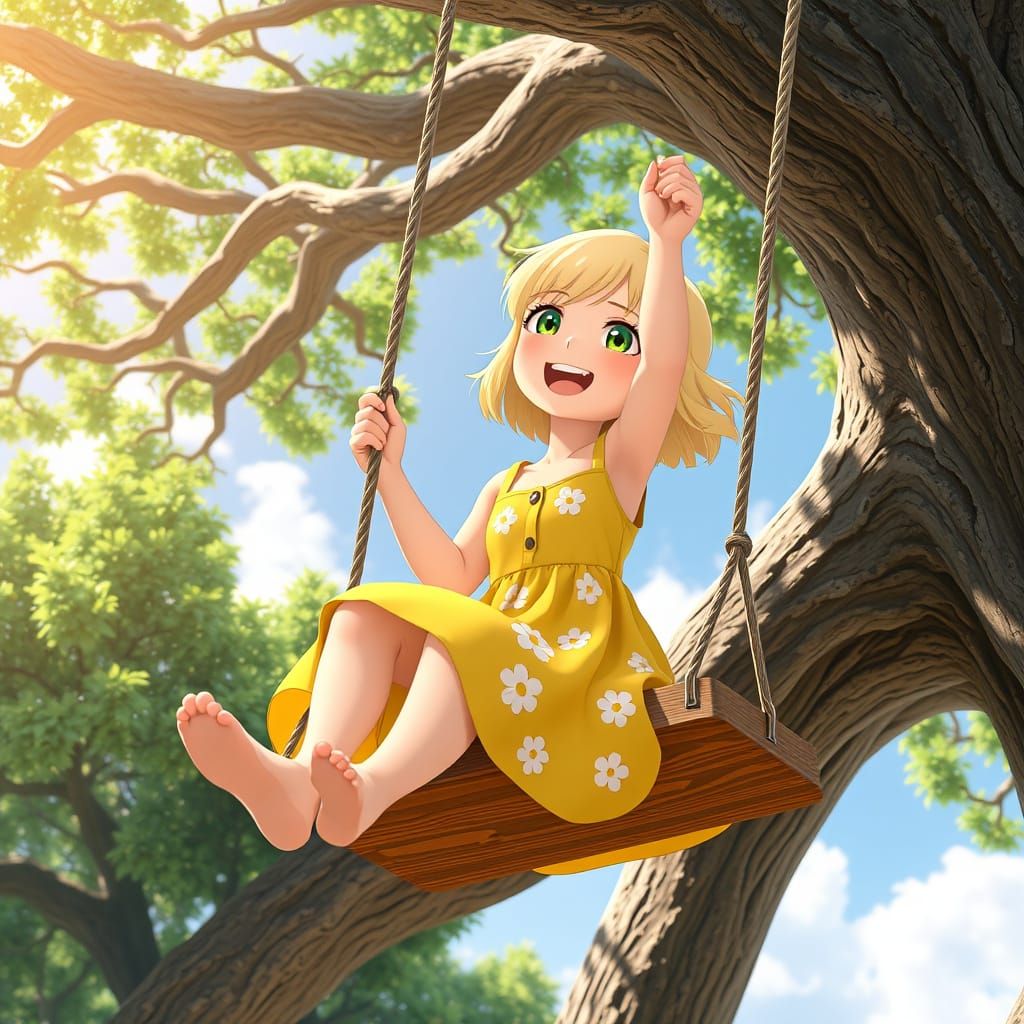 Joyful Girl Swings in Vibrant Forest