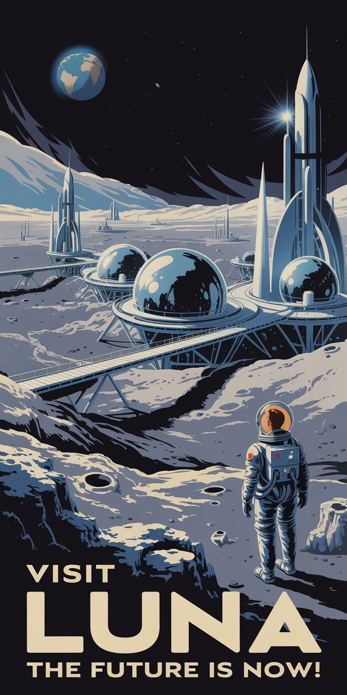 Visit Luna: Retro-Futuristic Travel Poster