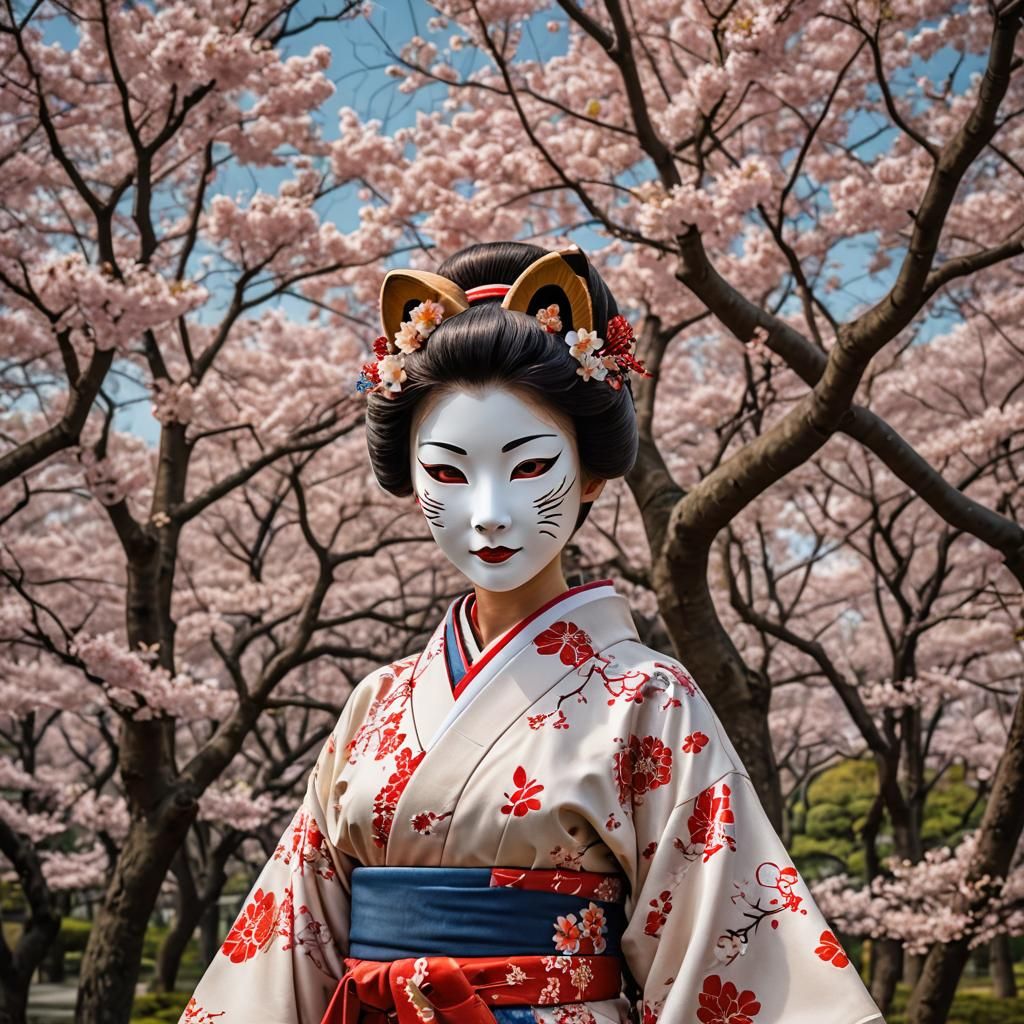 A japanese woman in a kimono wears a japanese style kitsune ...