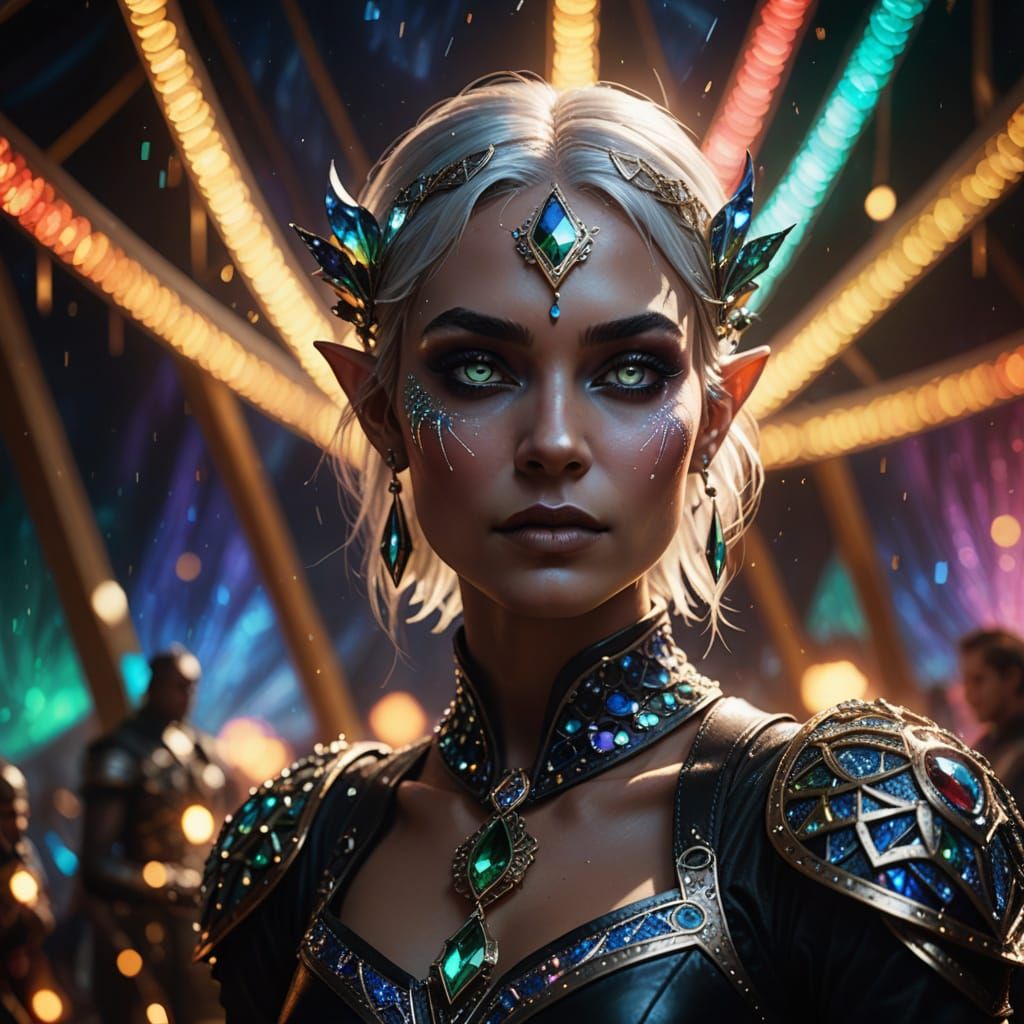 Hyperrealistic Sci-Fi Drow Juggler in Dimly Lit Circus Tent