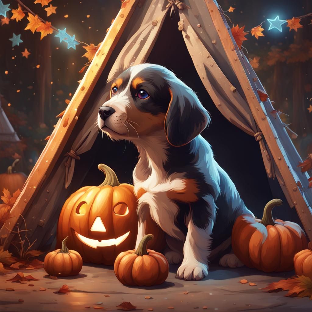 Puppy in Teepee with Pumpkins: Hyperdetailed Portrait