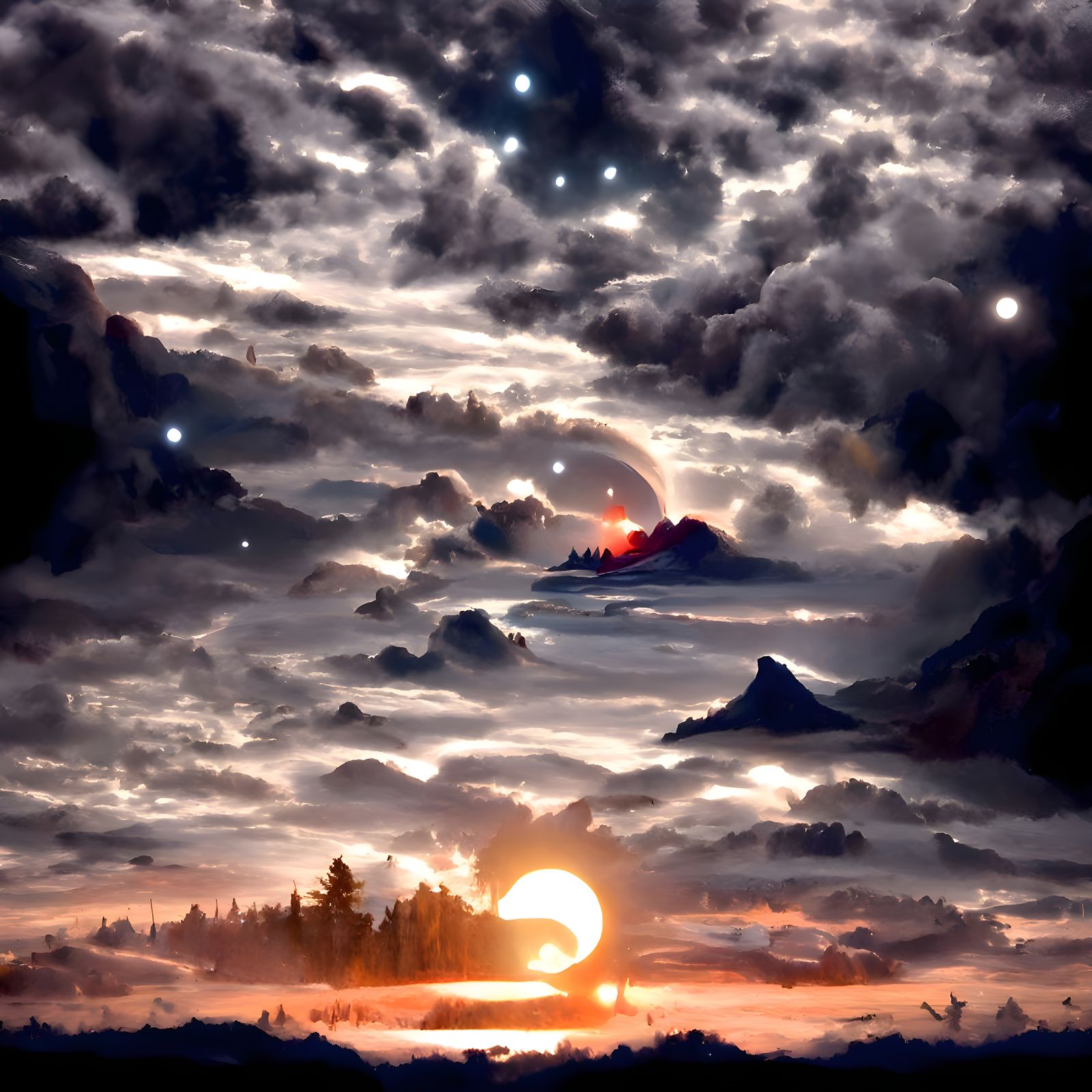 Fiery Sunset Crown with Emerging Zodiac Signs