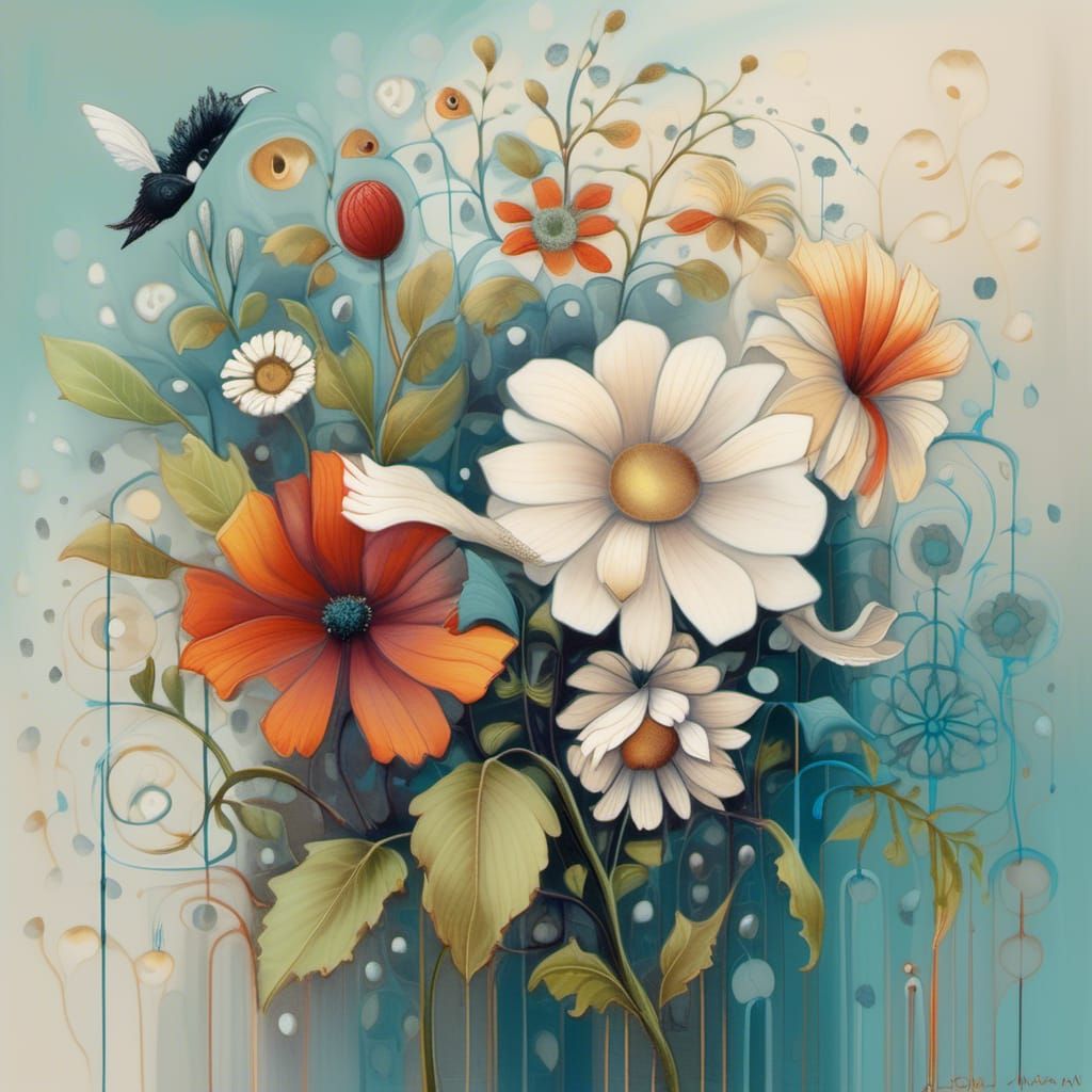 Bright Flowing Summer Flowers in Storybook Style