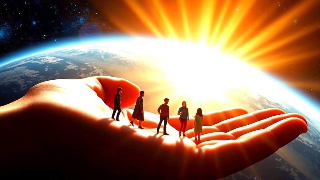 God's Perfect Hand Holds Tiny Humans in a Vibrant Universe