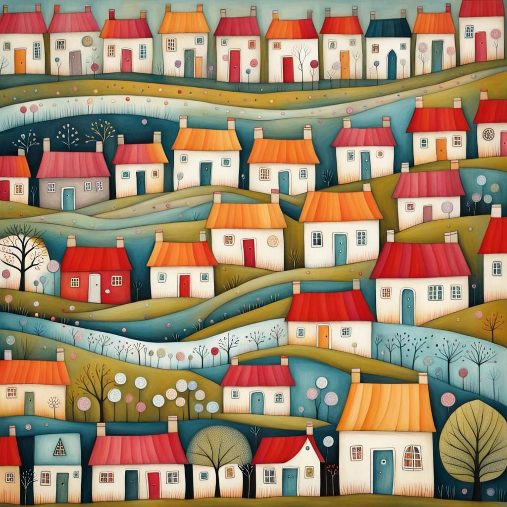 Colorful Village Scene in Art Brut Style