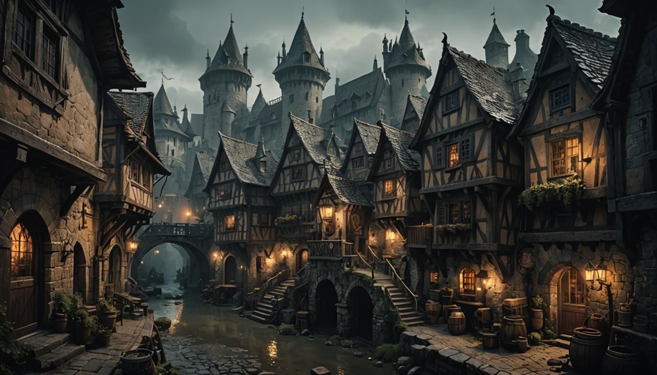 Murky Medieval City in Atmospheric Fantasy Landscape