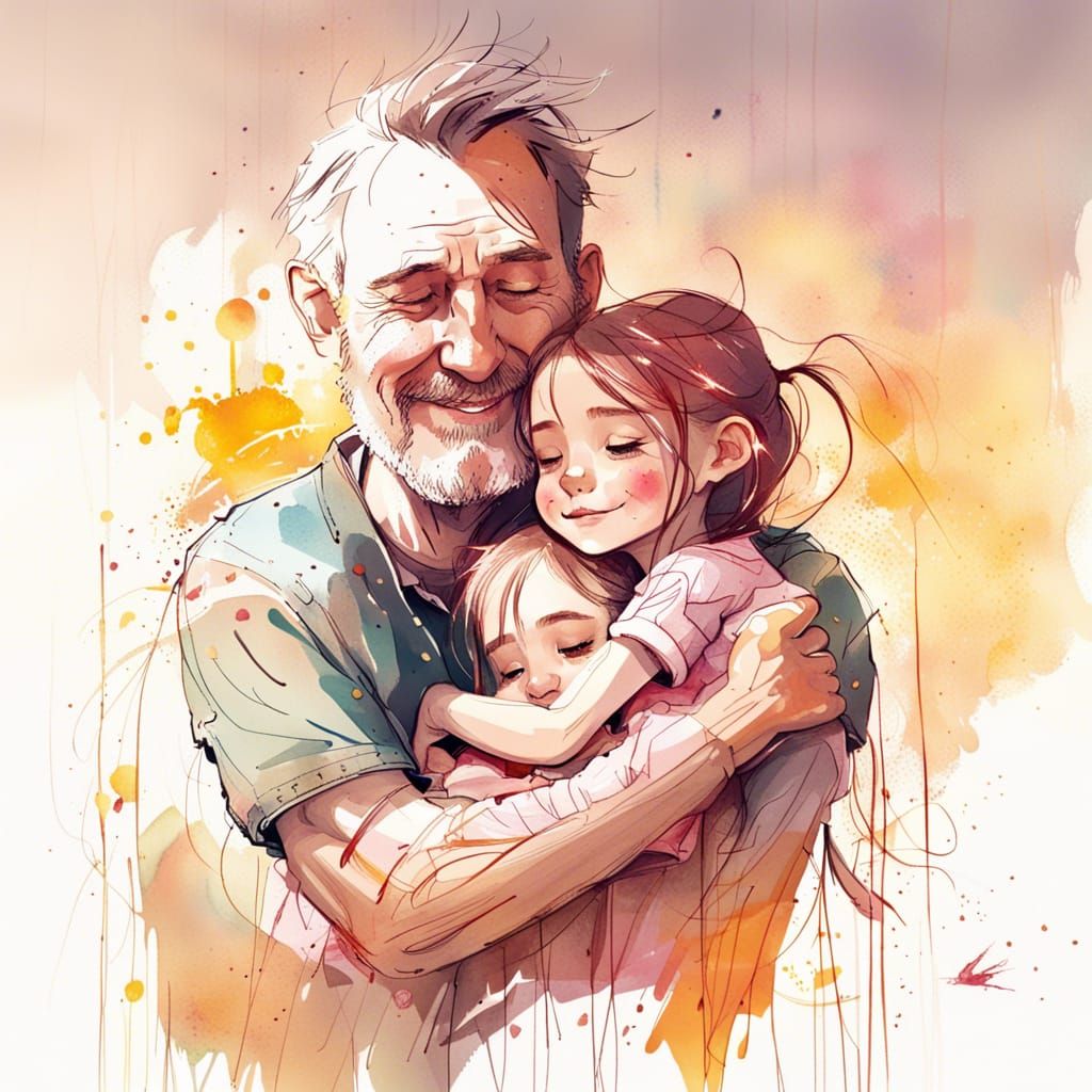 Heartwarming Father-Daughter Hug Cartoon in Disney Style