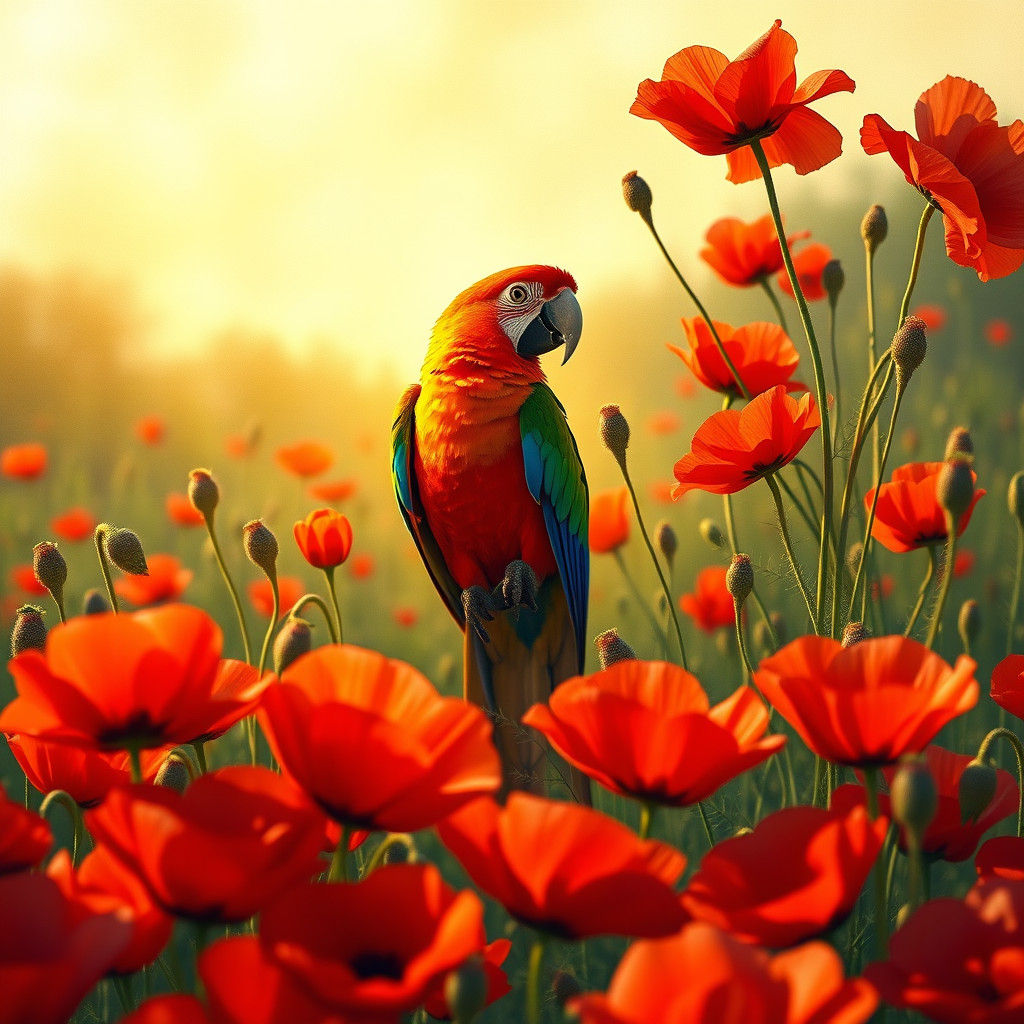 Parrot in Poppy Field: Naive Art Style