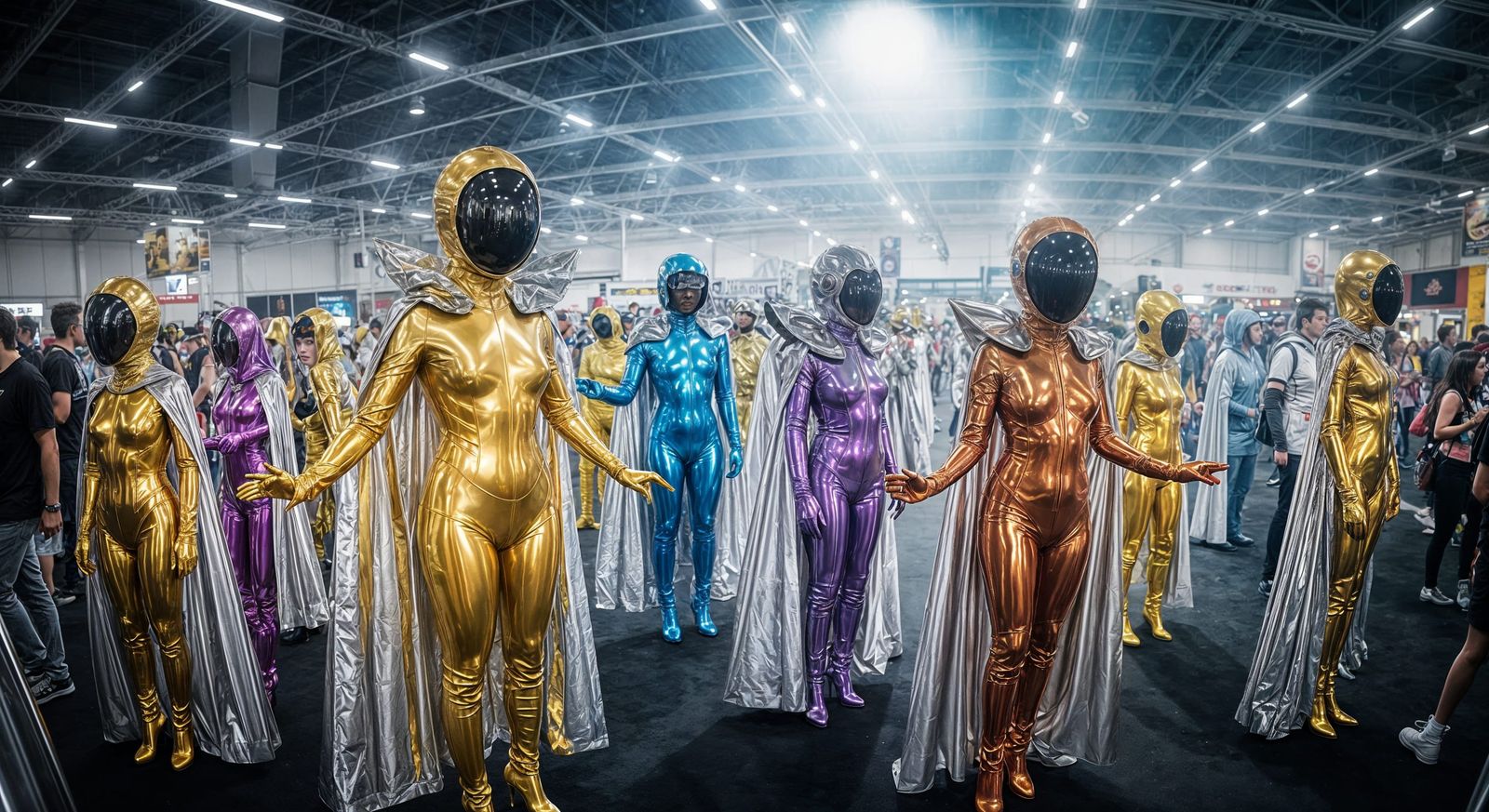Cosplay Convention With People In Gold Chrome Rubber Suits