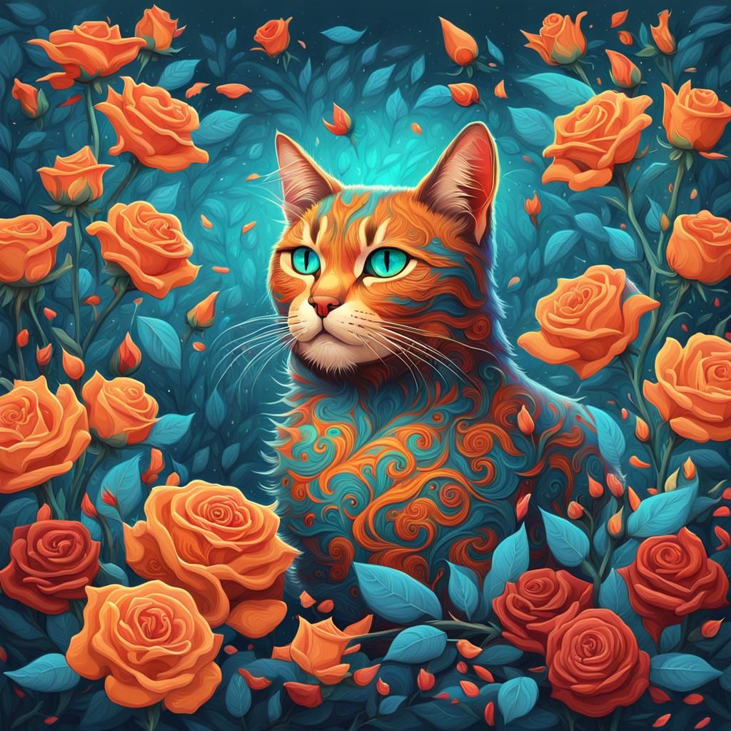 Mystical Cat in Rose Garden: Digital Matte Painting