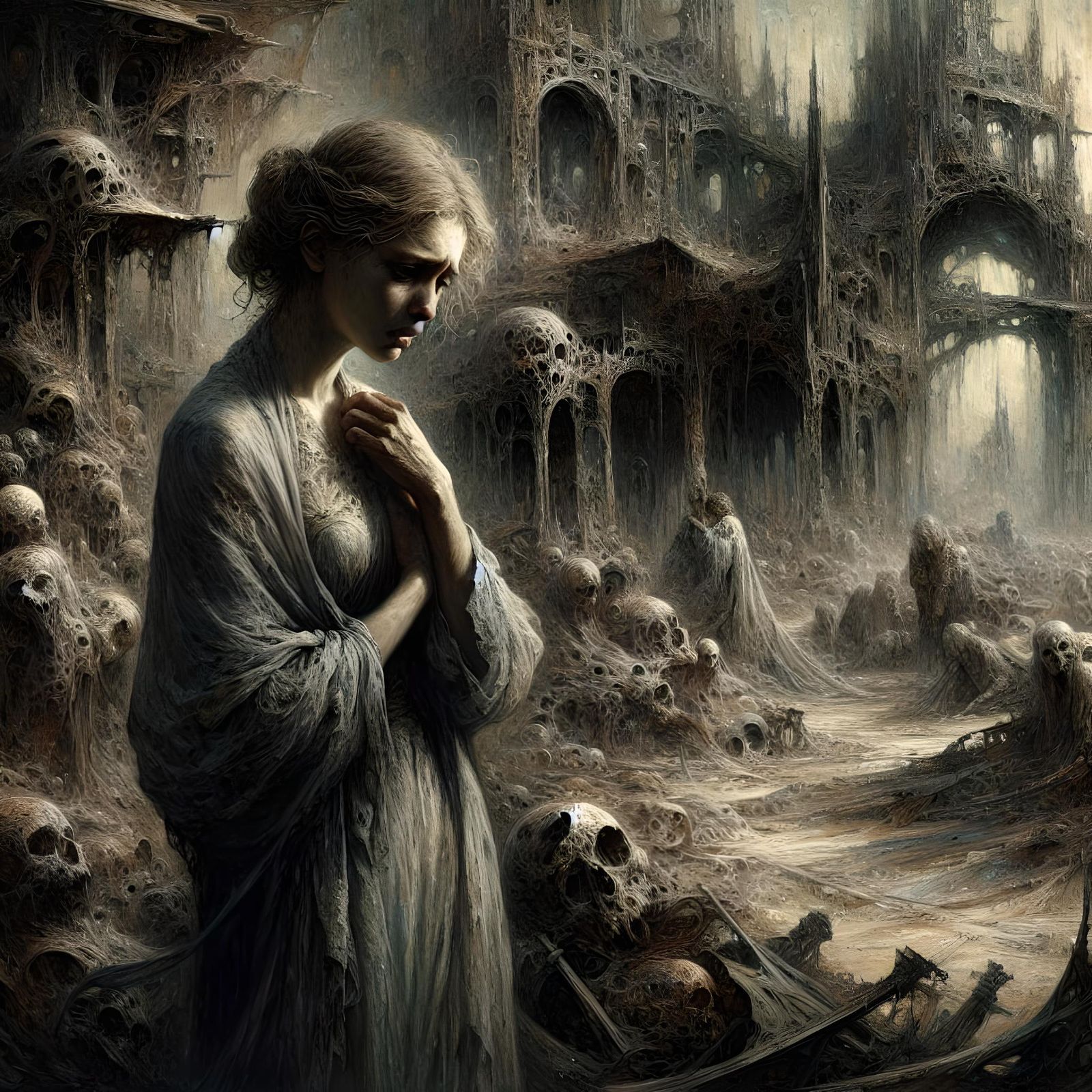 Desolate Woman in Post-Apocalyptic Ruins