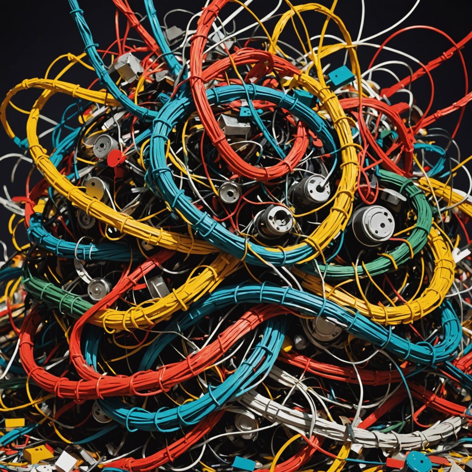 Vibrant Abstract Sculpture of Tangled Wires and Found Object...