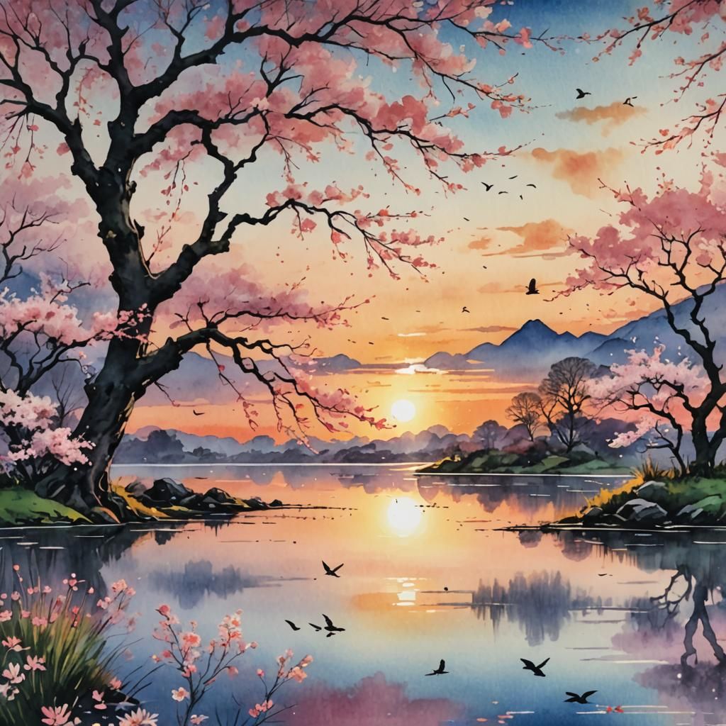 Cherry Blossom Sunset: Japanese Watercolor Landscape