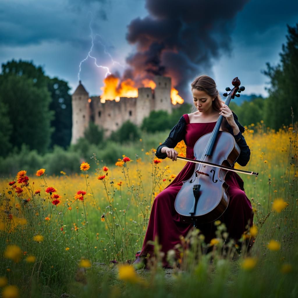 Cellist Plays During Thunderstorm in Castle Ruins