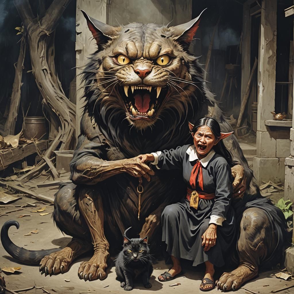 An evil witch bows down to her Master evil cat