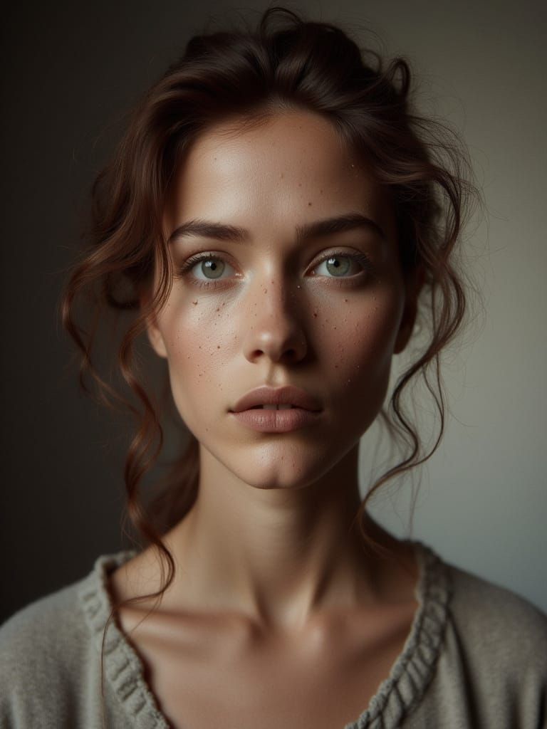 Photorealistic Portrait of a Serene Young Woman in Rembrandt...