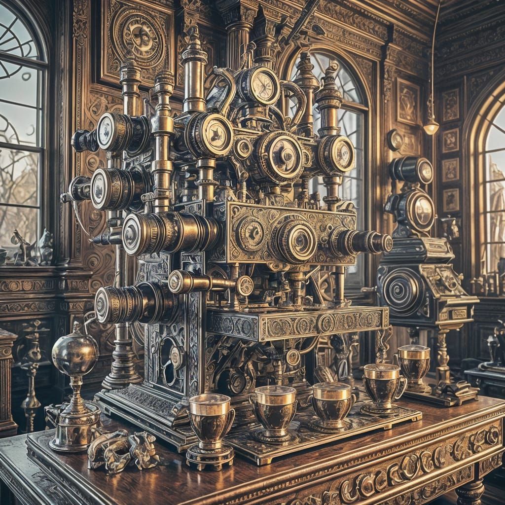 Steampunk Espresso Machine in Victorian Setting