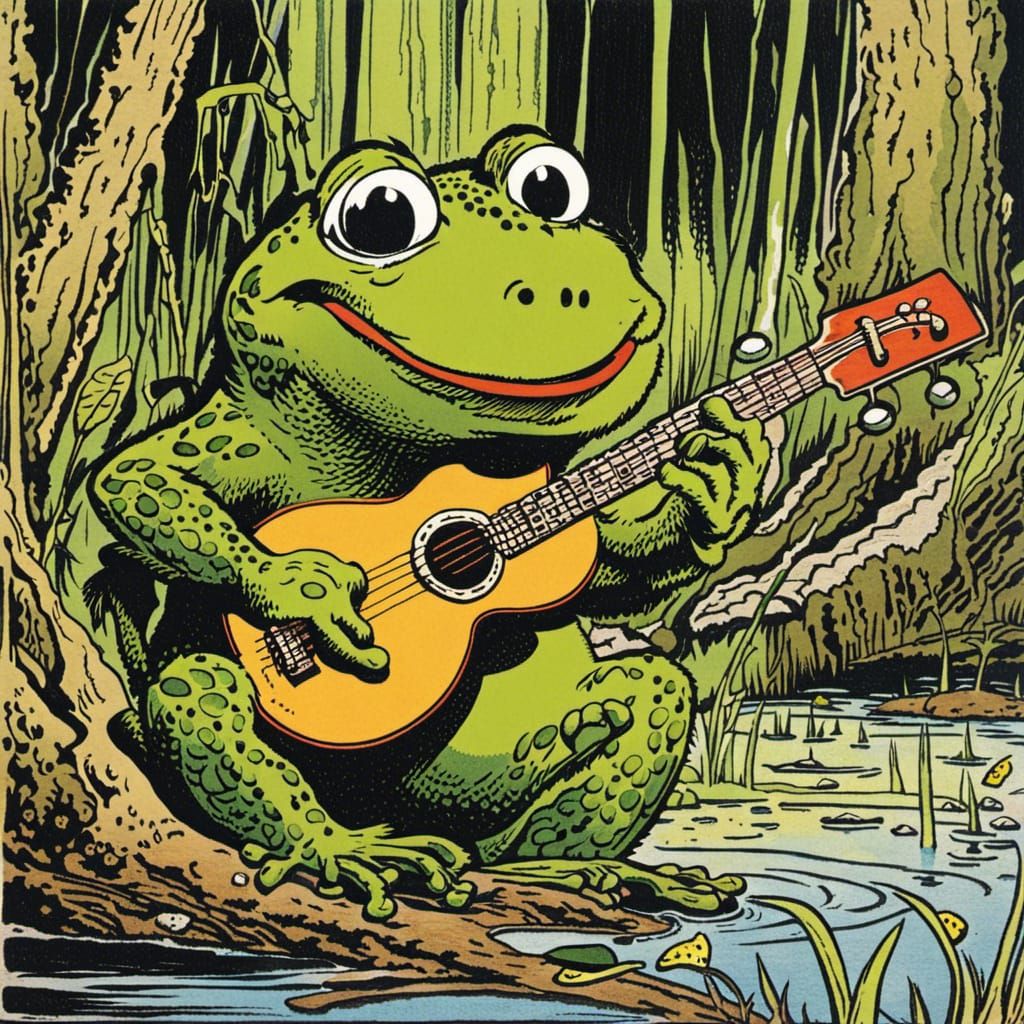 Frog Plays Guitar in Swamp: Cartoon Illustration