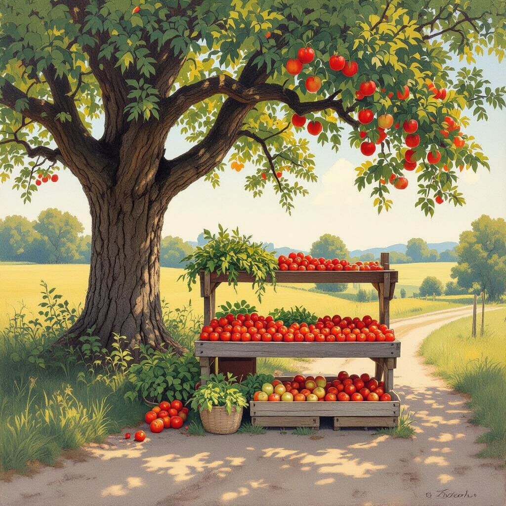 Rustic Farmstand on Country Road: Americana Painting
