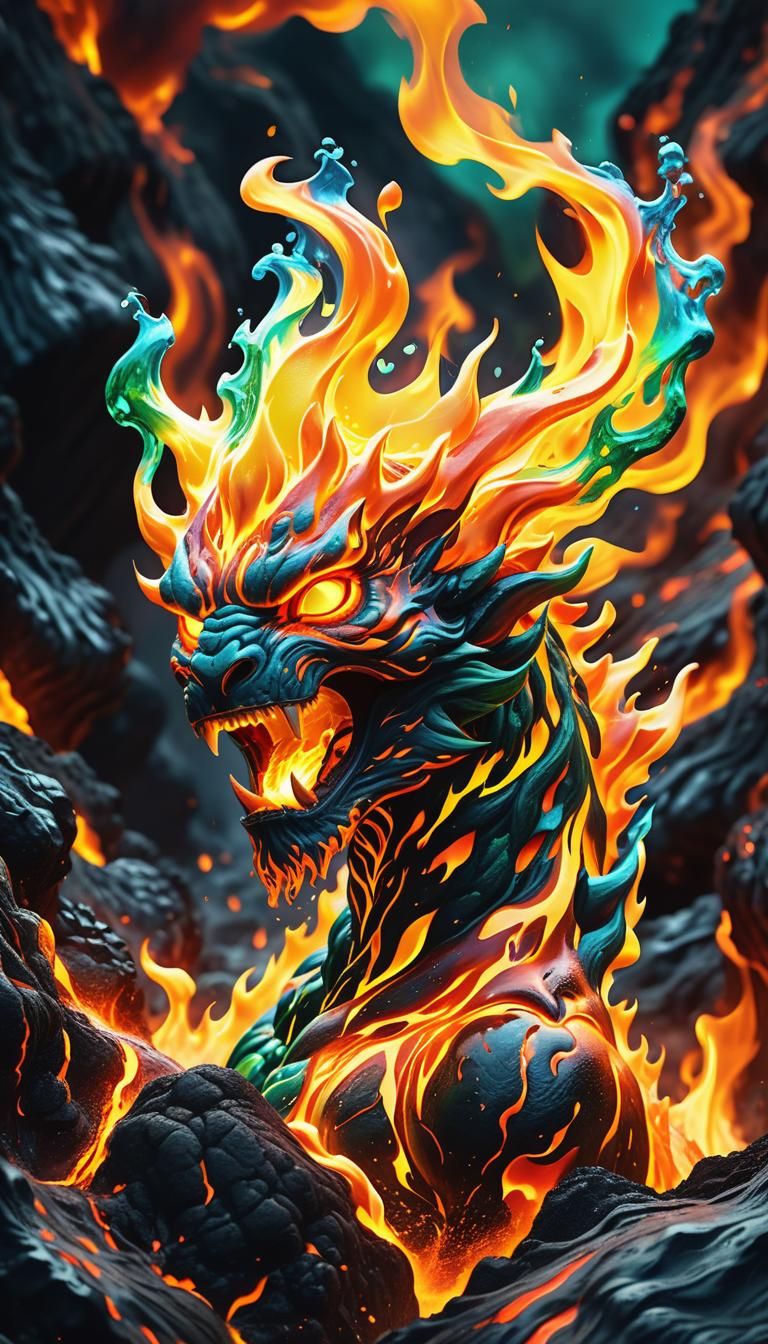 Fire Elemental Dancing in Molten Lava Landscape
