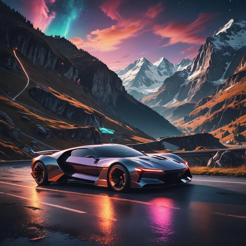 Luxury Car on Mountain Roads in Sci-Fi Concept Art