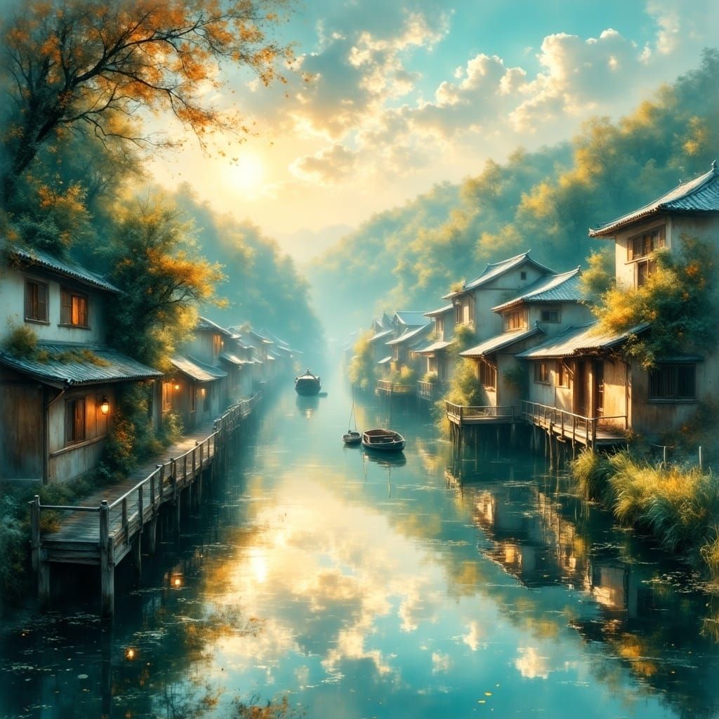 Dawn on a Traditional Japanese Waterfront Town