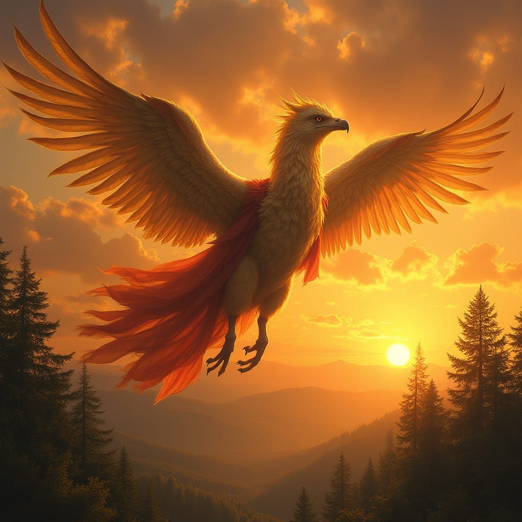 Griffin Soaring Through Sunset Sky, Art Nouveau Style