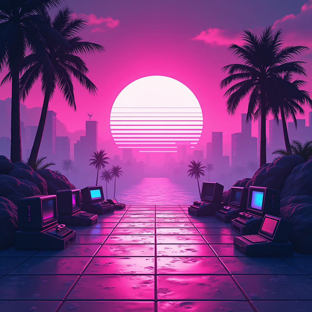 Vaporwave Cityscape with Neon Lights and Retro Elements