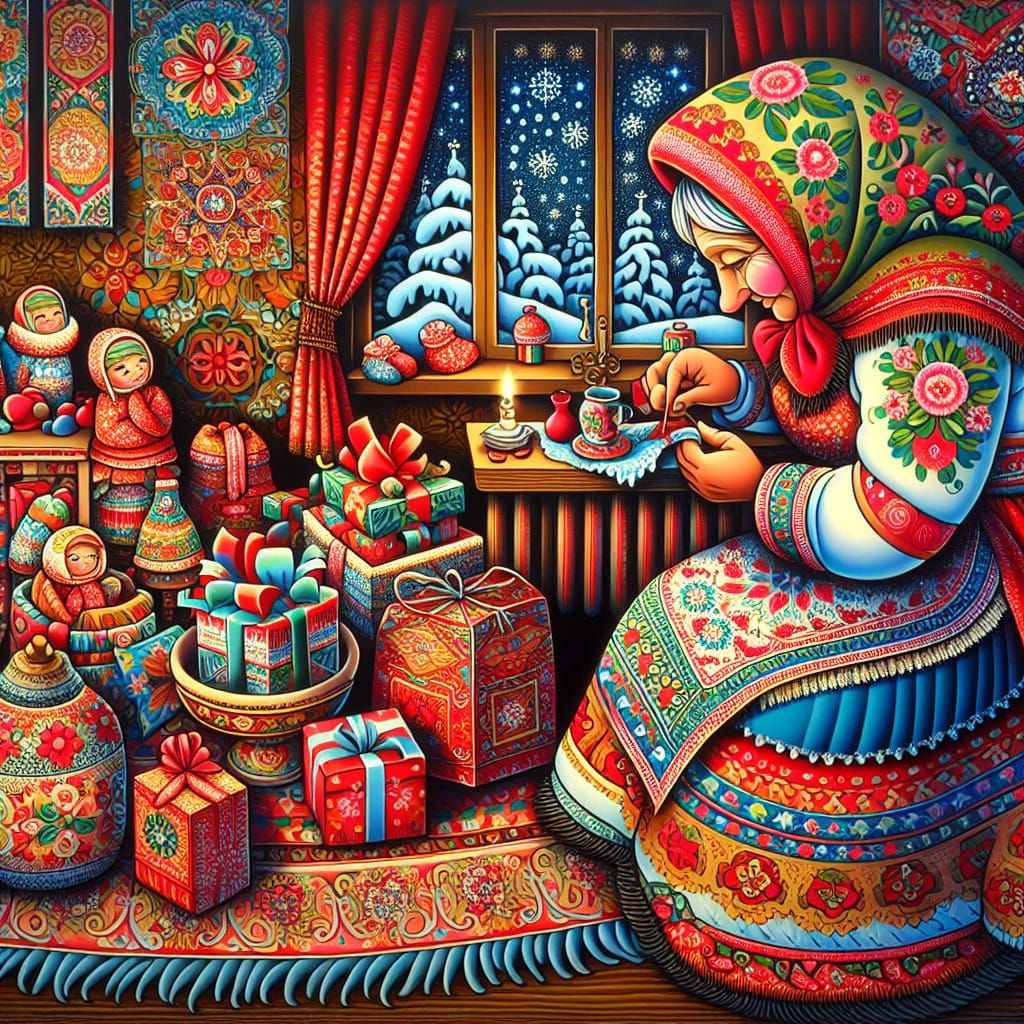 Babushka Wrapping Christmas Gifts in Russian Folk Art