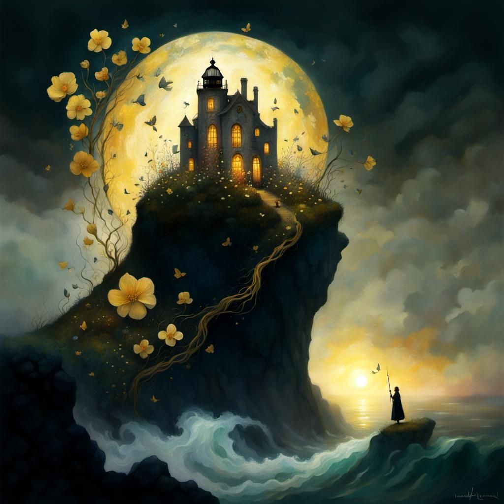 Majestic Lighthouse Amidst a Floral Cliff, in a Golden Sunse...