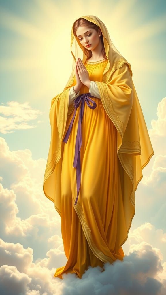 Radiant Virgin Mary in Vibrant Yellow Gown with Violet Sash...