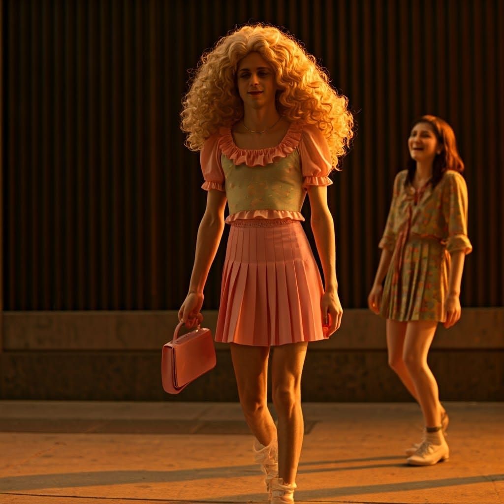 Androgynous Figure in Skirt and Frilly Top