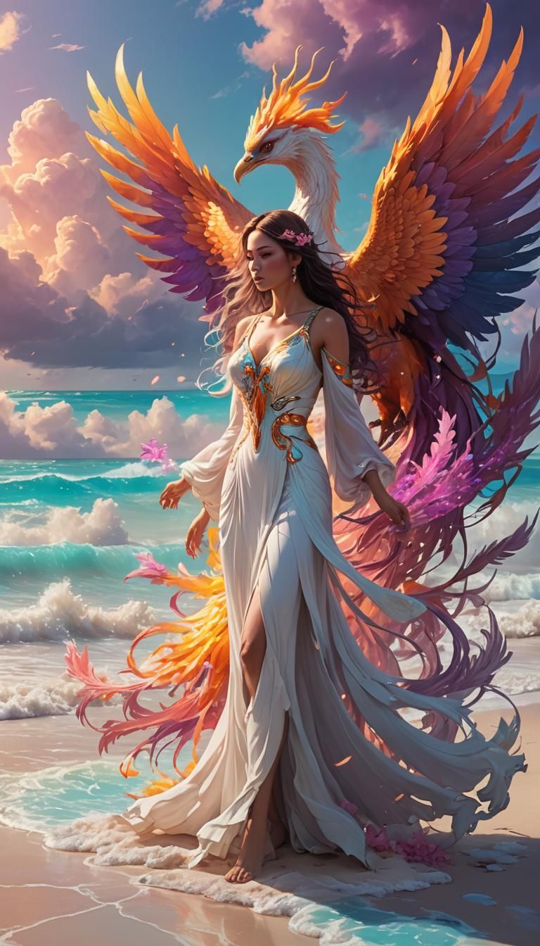Woman and Phoenix on Beach in Art Nouveau Style