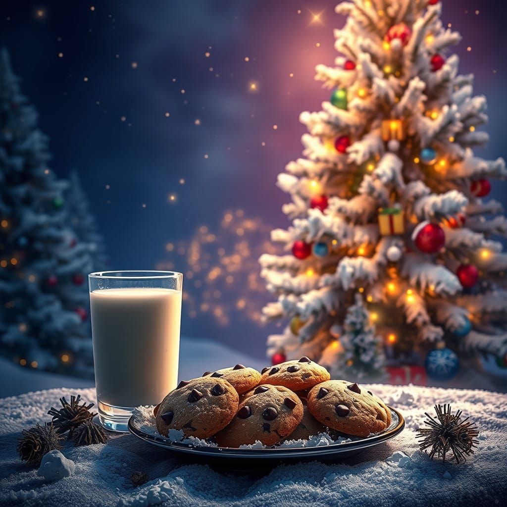 Whimsical Christmas Scene with Cookies and Milk under a Towe...