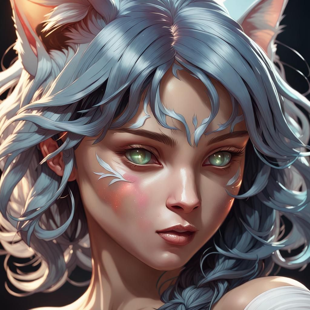 Detailed White Nekomata Portrait in Digital Art Style