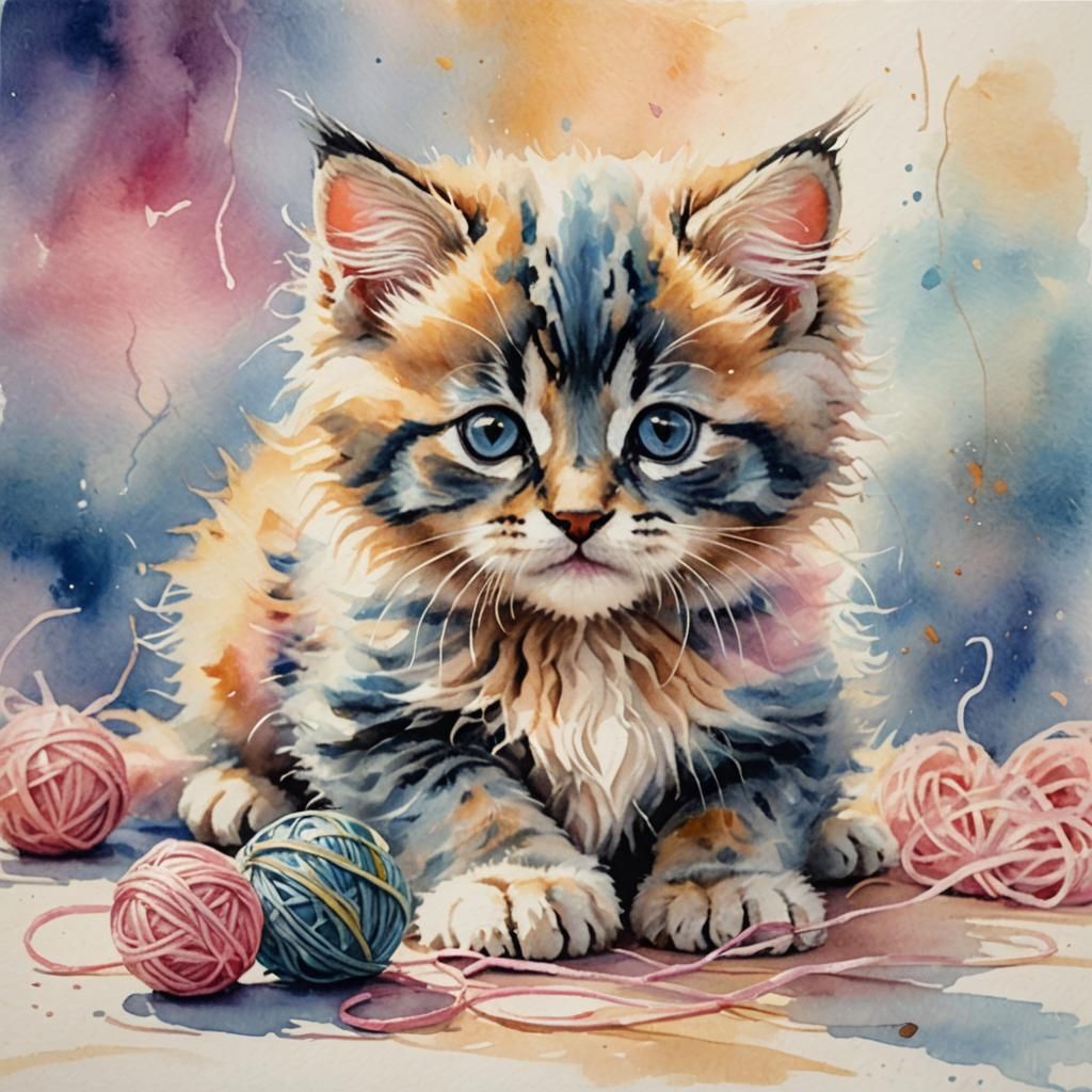 Fluffy Kitten with String in Watercolor Style