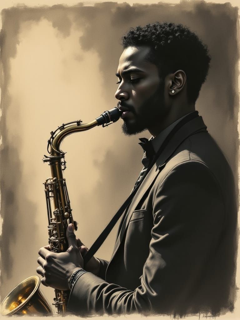 Jazz Saxophonist Captured in Charcoal Sketch Style