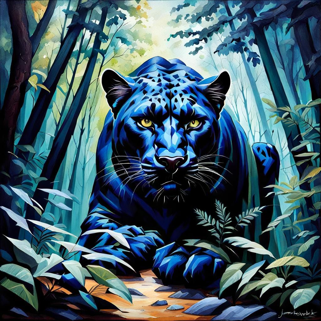 Panther Concealed in Dark Forest: Oil Painting