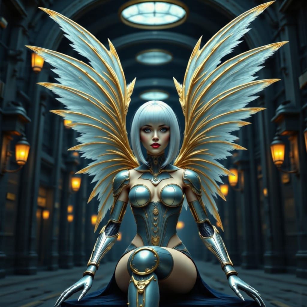 Biomechanical Fairy with Hexical Eyes and Clockpunk Scene