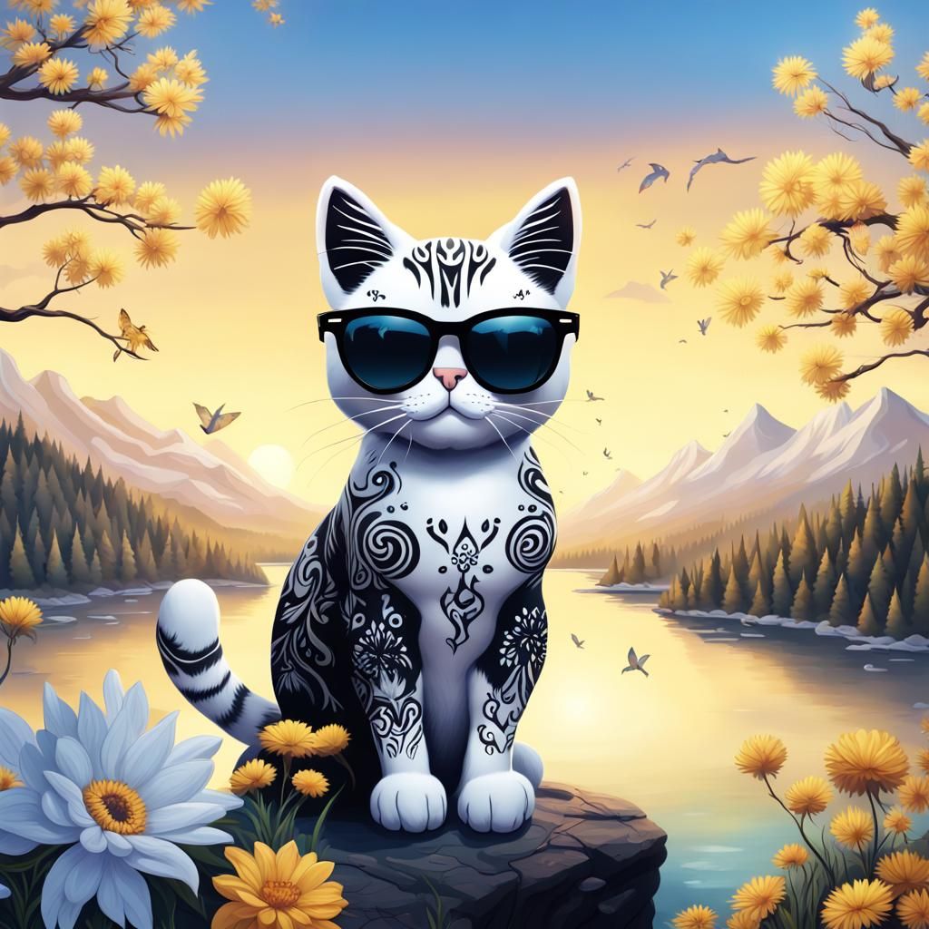 Hyperrealistic Cat on Mountain at Dawn