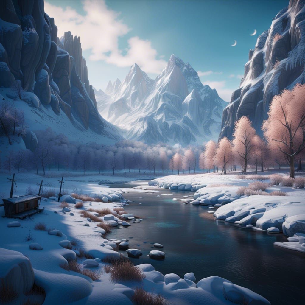Frozen River: A Peaceful Mountain View in Matte Painting