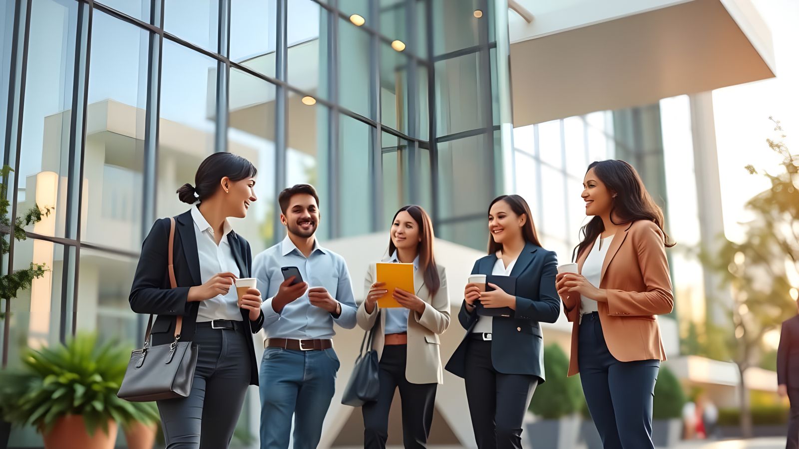 Diverse Office Workers Enjoy Casual Moment Outside Modern Gl...