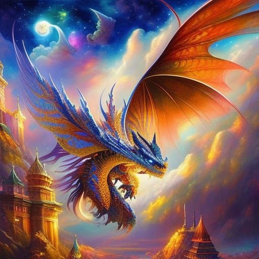 Dragon Soaring in Starlit Sky: Gouache Impressionist Masterp...