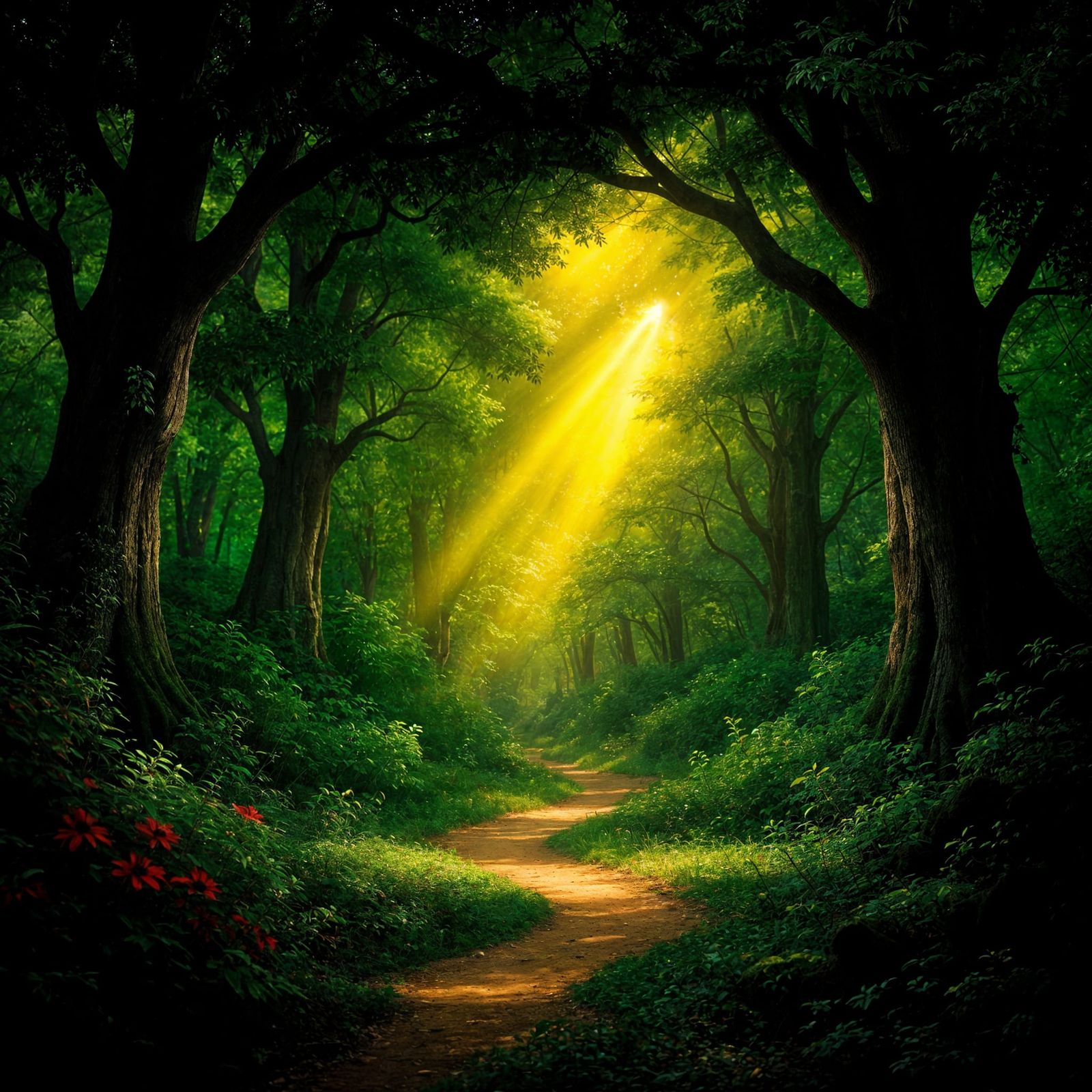 A Disney Forest seem in late afternoon with a beam of sunlig...